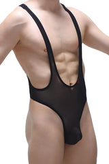 Black sheer mesh one-piece bodysuit thong gonzac net black with black elastic straps and low-cut front neckline