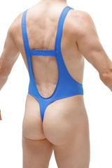 Blue one-piece swimsuit with cutout back and thong bottom in plum blue showing back side view