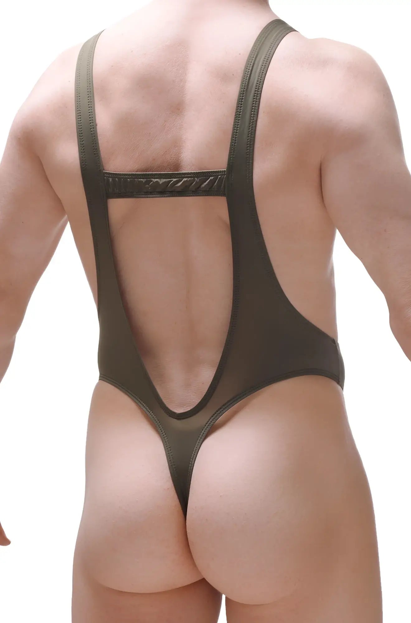Olive green bodysuit thong gonsac with mesh back and thin straps in one-piece swimsuit style shown from back side
