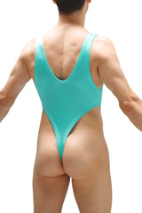 Back view of bodysuit thong lepuil joe green sleek turquoise one-piece swimsuit with deep v-back and high-cut legs
