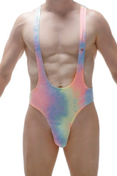A vibrant tie-dye bodysuit thong lepuil matala one-piece swimsuit with high-cut leg and wide shoulder straps