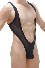 Black mesh one-piece bodysuit thong with plunging neckline and high-cut legs in net fabric Lepuil black