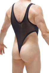 Black sheer mesh bodysuit thong with bold black trim in a one-piece design for stylish lingerie wear