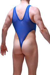 Blue sheer mesh bodysuit thong with plunging back and high-cut leg openings shown from the back side