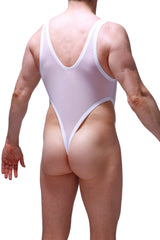 White sheer one-piece swimsuit with white trim by PetitQ featuring thong lepuil net fabric in white