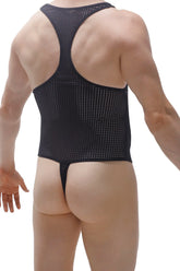 Back view of black mesh athletic one-piece bodysuit with racerback design and thong-style bottom medis durtol black