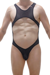 Black mesh one-piece bodysuit thong medis durtol with cutout design around torso and legs