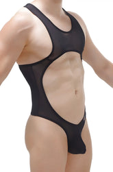 Black sheer mesh bodysuit thong with cutout design and medis net material for a sleek flattering fit