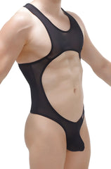 Black sheer mesh bodysuit thong with cutout design and medis net material for a sleek flattering fit