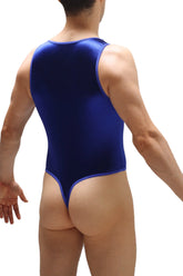 A sleek royal blue satin one-piece bodysuit thor satin sapphire with high-cut legs and matching neckline trim