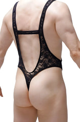 Black lace bodysuit bodythong aunou lace black with backless open design and thin straps shown from the back