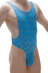 A vibrant turquoise blue lace one-piece swimsuit bodythong aunou with a cutout back and high-cut leg design shown from the back