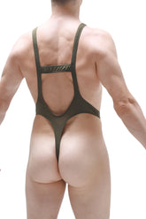 Black mesh one-piece swimsuit with thin straps and cutout back design shown from the back in bodythong aunou plum olive