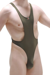 Olive green one-piece swimsuit bodythong aunou plum with wide shoulder straps and high-cut leg design