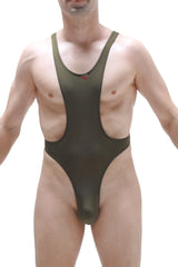 Olive green one-piece bodythong aunou plum swimsuit with wide shoulder straps and a red button at the neckline