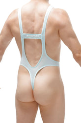 Light blue sheer mesh one-piece swimsuit bodythong aunou plum sky blue with thin straps and back cutout shown from the back