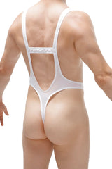 White shiny form-fitting one-piece swimsuit bodythong aunou plum white with thin straps and cutout back shown from back