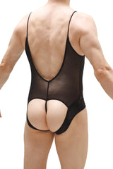 Back view of bodythong bonson black sheer mesh one-piece swimsuit with thin straps and cutout design