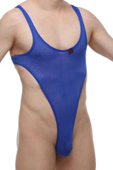 Blue mesh men’s thong swimsuit bodythong carbay macra blue with a small red logo on the chest
