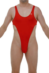 Red one-piece Bodythong Carbay Joe swimsuit with high-cut legs and thin shoulder straps for a sleek fit