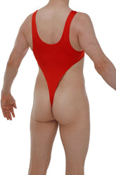 A vibrant red bodythong Carbay Joe one-piece swimsuit with high-cut leg and wide shoulder straps