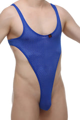 Blue mesh men’s thong swimsuit bodythong carbay macra blue with a small red logo on the chest