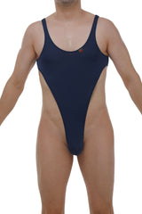 Navy blue PetitQ Bodythong Carbay plum one-piece swimsuit with high-cut leg and thin shoulder straps front side