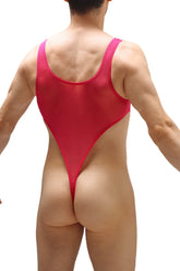 A vibrant red sheer mesh one-piece swimsuit with high-cut legs and thin shoulder straps called bodythong carbay net fuchsia