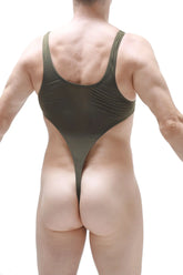 Olive green bodythong carbay plum swimsuit with thin straps and high-cut back design shown from the back side