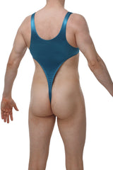Petitq bodythong carbay satin teal one-piece swimsuit with shiny fabric high-cut leg and thin shoulder straps