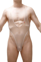 Beige mesh one-piece swimsuit with thin straps and a plunging neckline from bodythong causson durtol nude collection