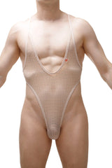 Beige mesh one-piece swimsuit with thin straps and a plunging neckline from bodythong causson durtol nude collection
