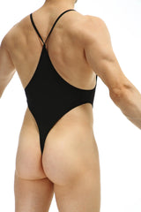 Black one-piece Bodythong Causson Plum swimsuit with thin crisscross straps and high-cut leg design