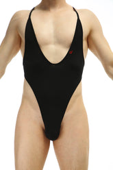 Black one-piece swimsuit bodythong causson plum black with deep v-neckline high-cut legs and thin shoulder straps