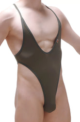 Dark olive green Bodythong Causson Plum Green one-piece swimsuit with thin straps and high-cut leg design