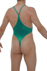 Emerald green satin one-piece swimsuit with high-cut leg and crisscross back straps shown from the back