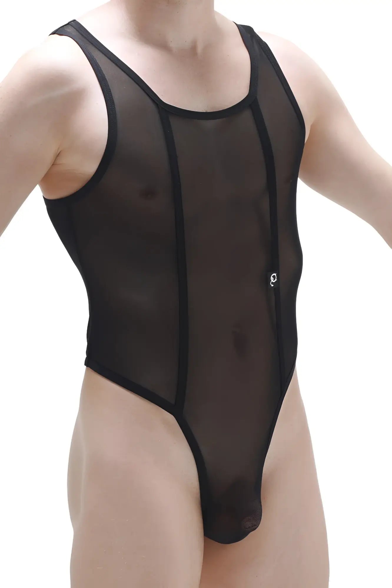 Black sheer mesh one-piece swimsuit bodythong chapois black with black trim shown from the back side