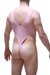 Back view of bodythong gonzac skine tea rose sleek pink one-piece swimsuit with deep v-back and high-cut leg openings