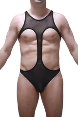 Bodythong Gracay net black sheer mesh one-piece swimsuit with bold cutouts and a sleek form-fitting design
