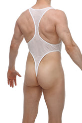 PetitQ bodythong journy Durtol white mesh one-piece swimsuit with high-cut leg design and racerback straps back view