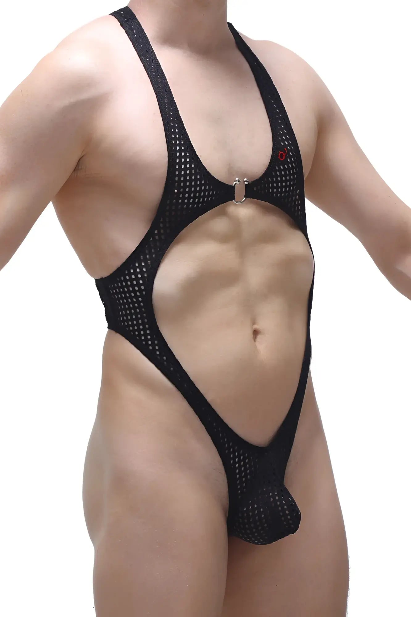 Bodythong Journy Durtol black black mesh one-piece swimsuit with plunging neckline and open-back design showing back view