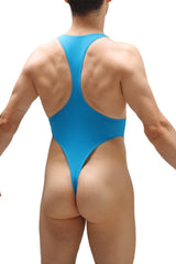 A vibrant turquoise bodythong journy one-piece swimsuit with a racerback design and high-cut legs shown from the back