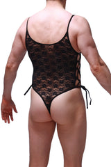 Black lace bodythong with floral pattern and side ties in a sheer lace material for intimate wear