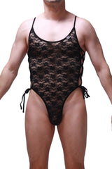 Black lace one-piece swimsuit bodythong lacets lace black with intricate floral patterns and adjustable side ties