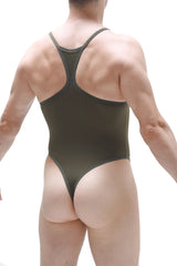 Olive green bodythong lihac plum one-piece swimsuit with racerback design and high-cut leg openings back view