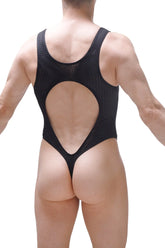 Black mesh one-piece swimsuit bodythong lislay bee black showing large back cutout design