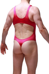 A vibrant red form-fitting one-piece swimsuit with cutout back and thong-style bottom bodythong nexon joe framboise