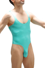 A sleek turquoise one-piece swimsuit bodythong nexon joe green with thin straps and high-cut leg design