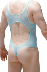 Back view of light blue sheer mesh one-piece swimsuit bodythong Nexon Net green with large circular cutout and thin straps