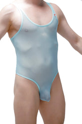 Light blue sheer mesh one-piece swimsuit with thin straps and rounded neckline from Bodythong Nexon Net Green